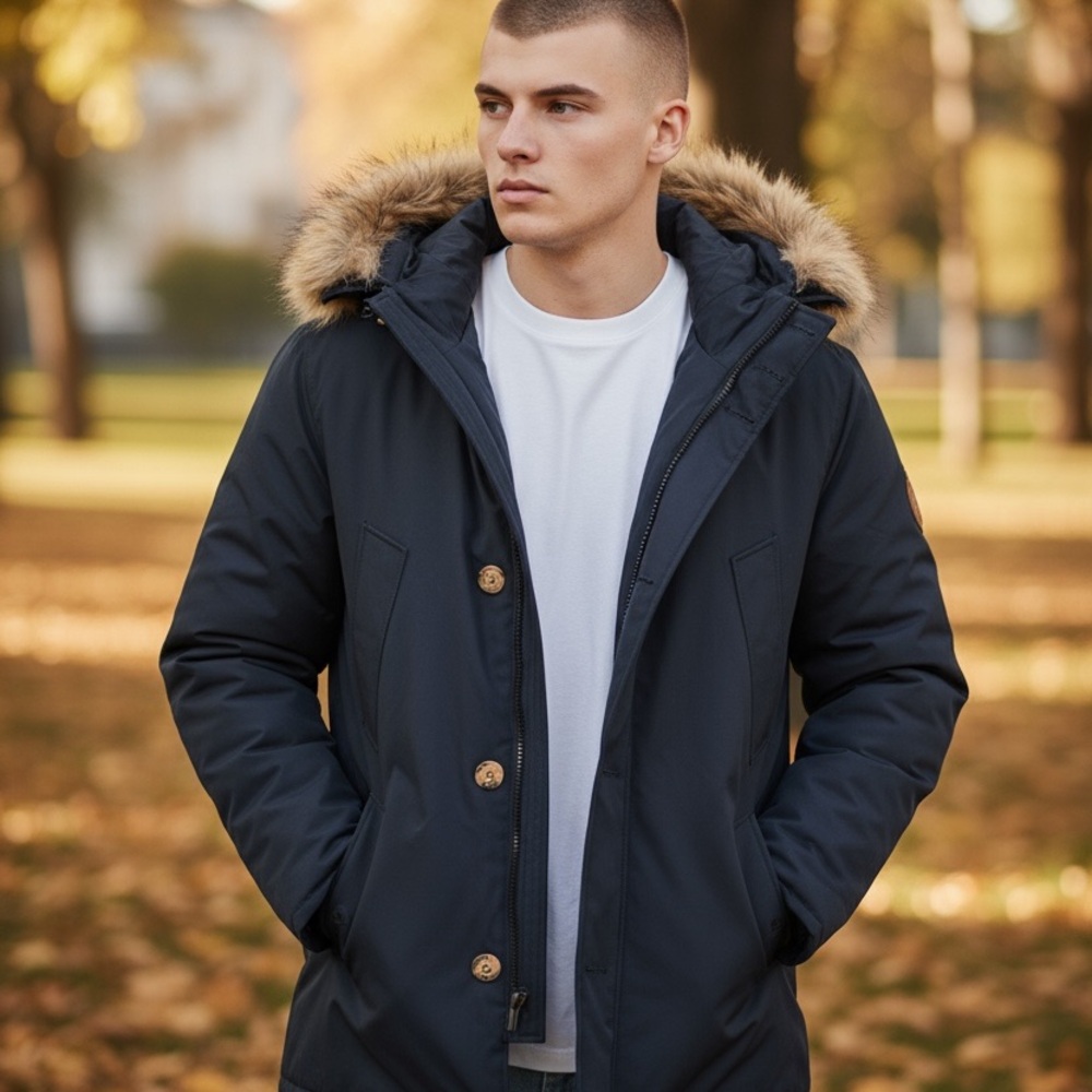Piombo Men's Navy Puffer Jacket with Faux Fur Hood